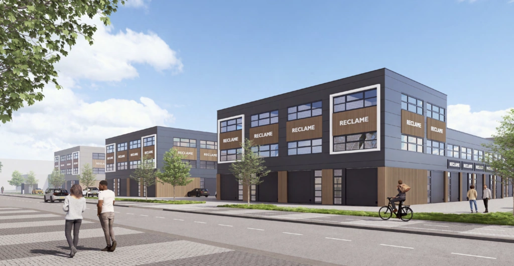 Moderne bedrijfsunits aan de De Liesbosch met ruime gevelreclame en een levendige straatomgeving.